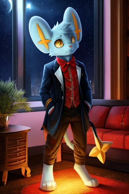 work of art, high qualiy, 4K, beautiful design, Ablaze, Furry, Cat, shinx, male, Waering a Blazer, extremely detaild, incredible, fine-details, absurderes, standing alone, tecido Ablaze, posing in an apartment overlooking the starry sky, scarlet embroidery