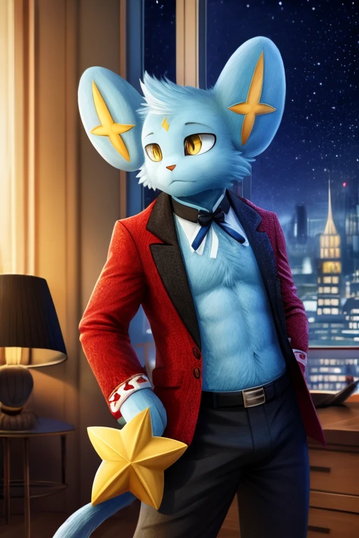 work of art, high qualiy, 4K, beautiful design, Ablaze, Furry, Cat, shinx, male, Waering a Blazer, extremely detaild, incredible, fine-details, absurderes, standing alone, tecido Ablaze, posing in an apartment overlooking the starry sky, scarlet embroidery