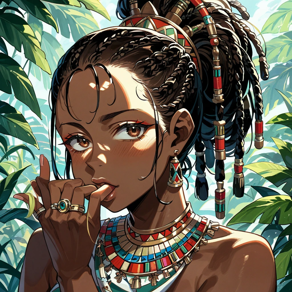 ((Highest quality)), ((masterpiece)), (detailed), (Perfect Face)、The woman is Yuuki Asuna, a black woman with pitch black skin and naturally curly, curly, light brown hair that is very short and finely braided into dreadlocks that are swept back in a tribal hairstyle with little hair volume. She is an African black woman with tribal makeup, black nipples with nipple piercings, tattoos all over her body, and a beautifully colored tribal outfit that does not cover her breasts.、The woman was a complete African native nude tribeswoman, and had become a nude tribeswoman in both body and mind.、The woman is a native African woman and a member of the tribe's nude tribe, living happily with her friends.、The woman is a beautiful native African tribal woman, beautifully adorned with gorgeous jewelry, and is getting married to a strong tribal man.、The woman is smiling sweetly and posing provocatively with her arms behind her head, showing off her beautiful body.