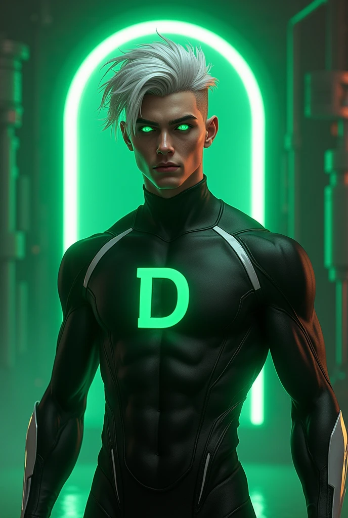 a close up of a person with a white face and green eyes, white facepaint, cyberpunk dyed haircut, futuristic look, rave makeup, white face paint, in a Black suit
