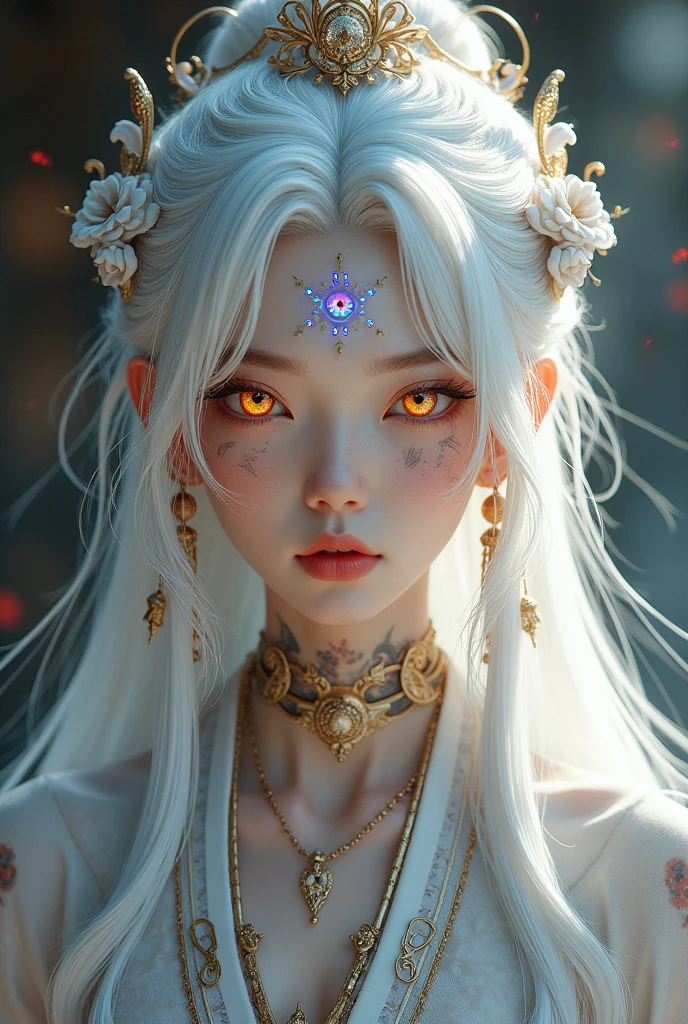 (best qualtiy,ultra - detailed,Most Best Illustration,Best shadow,tmasterpiece,A high resolution,professionalartwork,famousartwork),Detailed eyes,beautidful eyes,closeup cleavage,sci-fy,colored sclera,Robot eyes,face markings,Tattooed with,(fractalized,Fractal eyes),largeeyes,Wide eyes,(Eye focus),sface focus,Cosmic eyes,Space eyes,Close-up of metal sculpture of a woman with a moon in her hair,goddes。extremly high detail,3 d goddess portrait,Extremely detailed footage of the goddess,a stunning portrait of a goddess,Side image of the goddess,portrait of a beautiful goddess,Full body close-up portrait of the goddess,hecate goddess,portrait of a norse moon goddess,goddess of space and time