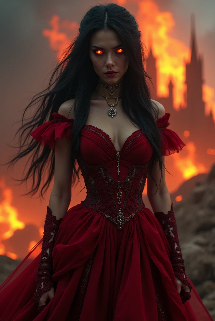 witch , ,burning village ,dark red Magic devil book , flat chest , slim , very long pitch black hair , red eyes , veins, possessed by the Devil ,old witch robe,