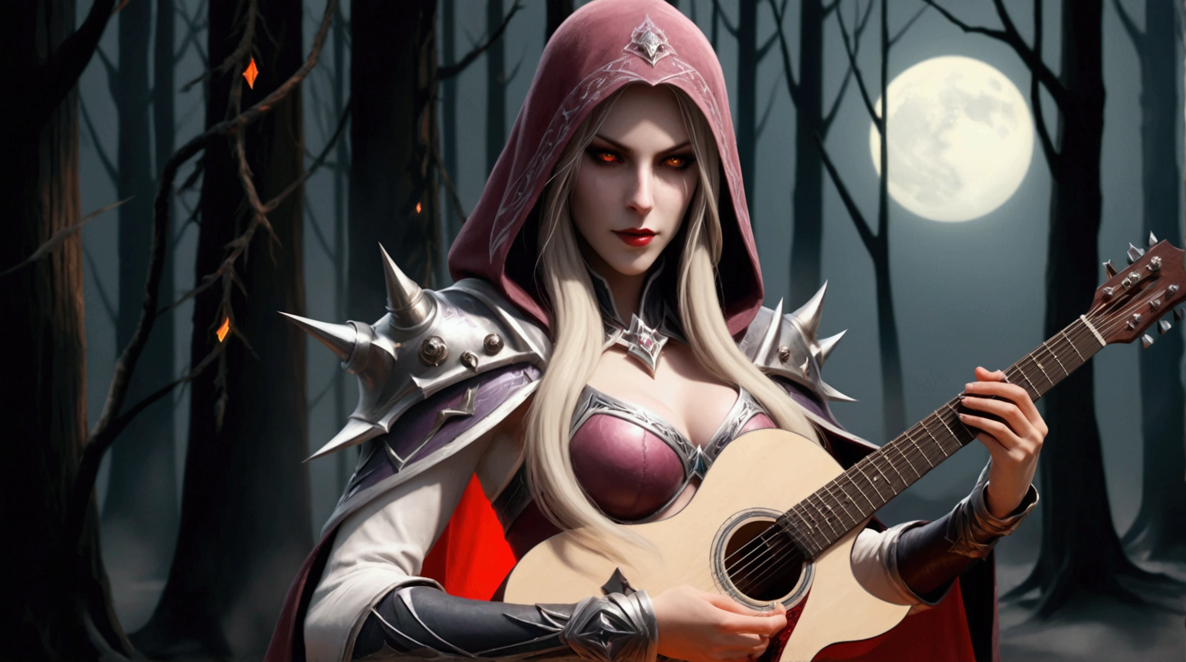 sylvanas windrunner, the legendary leader of the Renegades, sits on a dark wooden throne, surrounded by an aura of mystery and magic. in her hands, ela segura umthe guitar vermelha vibrante, its strings seemingly pulsing with supernatural energy. Os olhos dela, burning with supernatural intensity, look directly at the viewer, as if challenging them to come closer. Their long, white hair falls over the shoulders, framing her pale, ethereal face. Her lips, painted deep red, curves into an enigmatic smile, as if she kept secrets that only she knew. the guitar, that seems to have been created by magical hands, emits an intense red light that illuminates the environment around it. The strings vibrate with an energy that seems almost palpable, as if they were alive and responding to Sylvanas&#39; touch. No fundo, a dark and mysterious mist spreads, as if the night itself was closing in around Sylvanas. The atmosphere is charged with tension and anticipation, like something is about to happen. The image is a mixture of shadows and light, of mystery and magic, capturing the essence of sylvanas windrunner as an enigmatic and powerful creature.