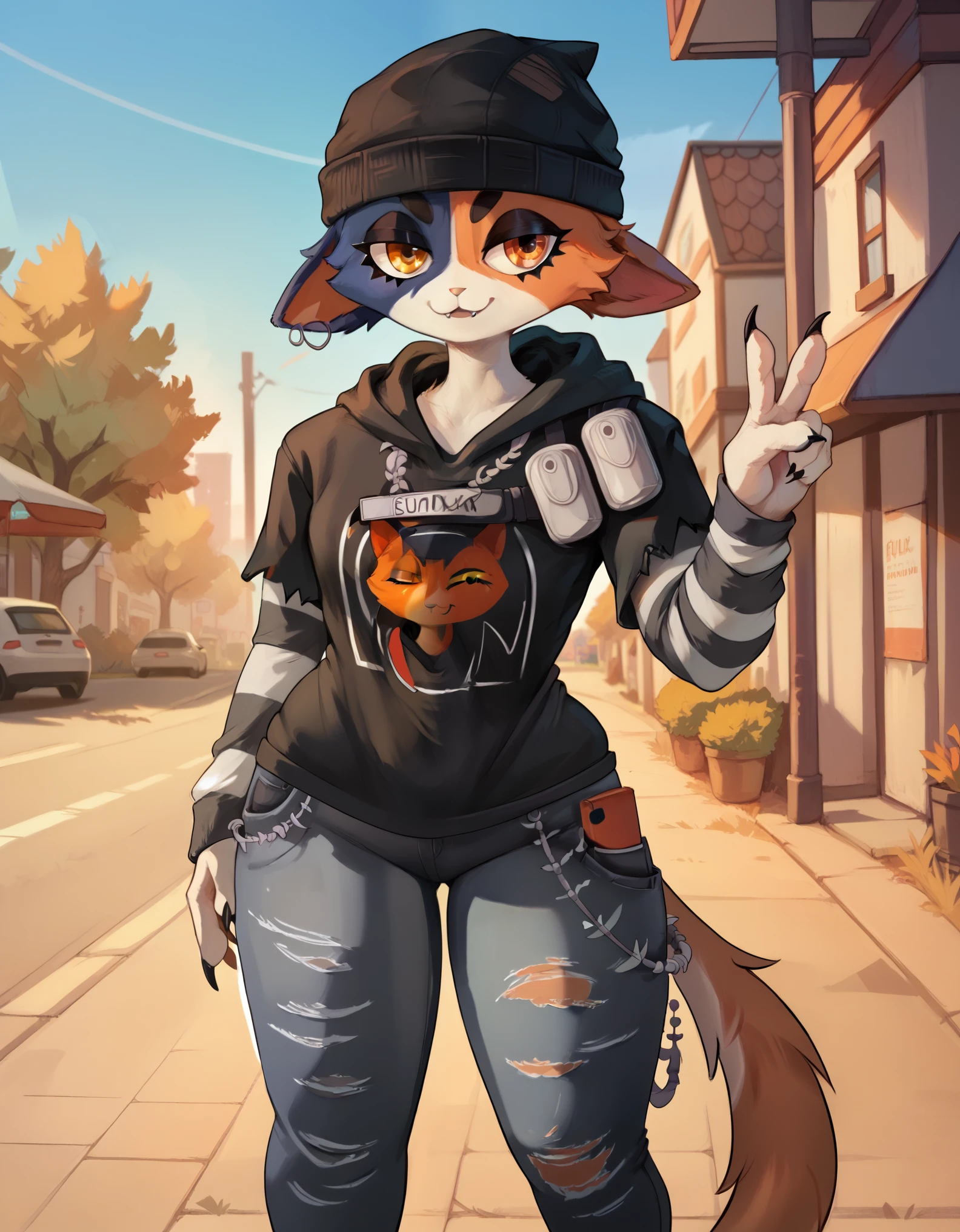 Score_9, score_8_up, score_7_up, score_6_up, 1girl, Meowskullsxl, anthro, tall and slender, cat girl, animal ears, multicolored fur, black fur, orange fur, orange eyes, beanie, printed hoodie, striped sleeves, torn jeans, standing, outdoors, peace sign, 