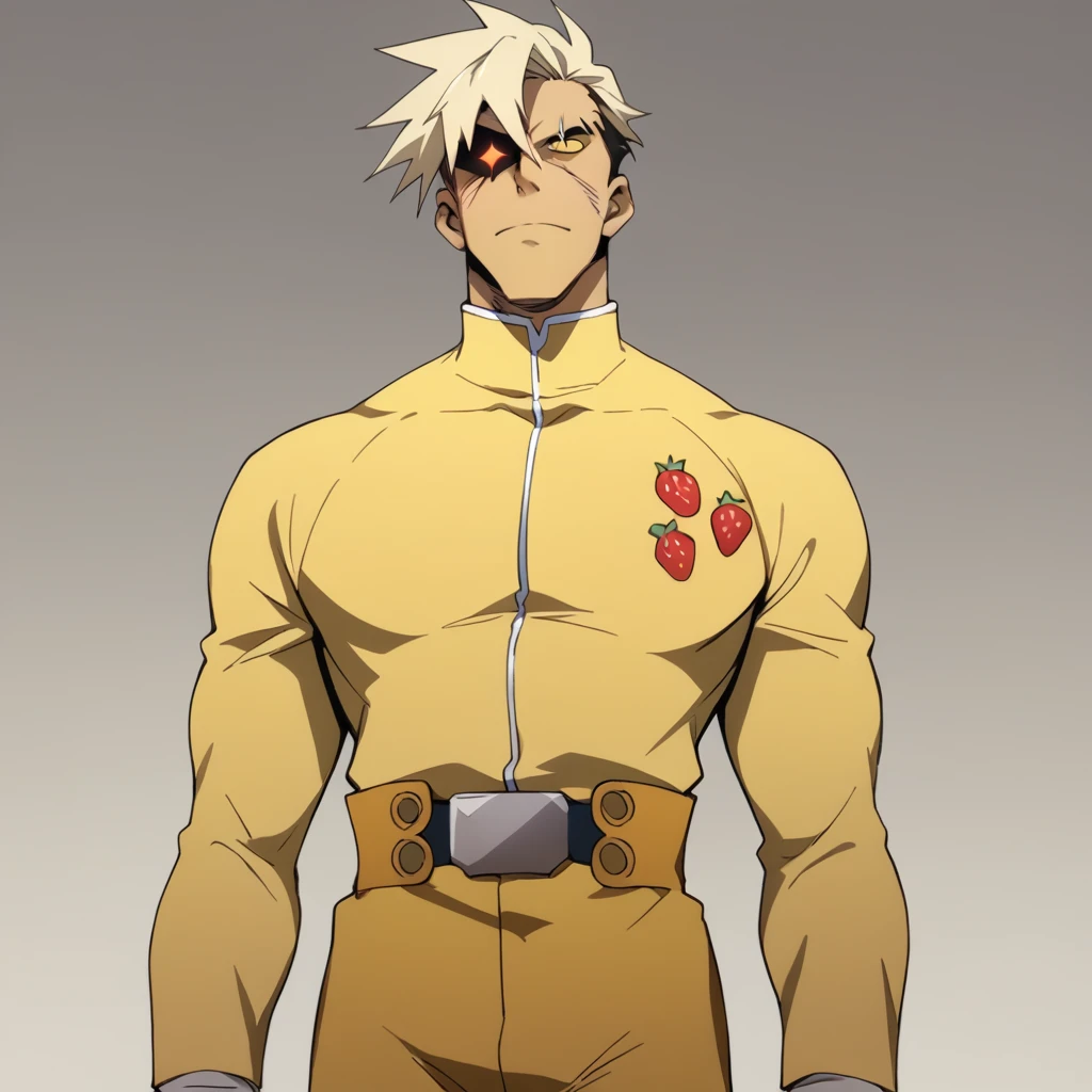 score_9, score_8_up, score_7_up, score_6_up, rating explicit, focus male, source anime, handsome guy, badguy, yellow suit with strawberry print, scar on face, hd, shaded face, outfit with a printed strawberry