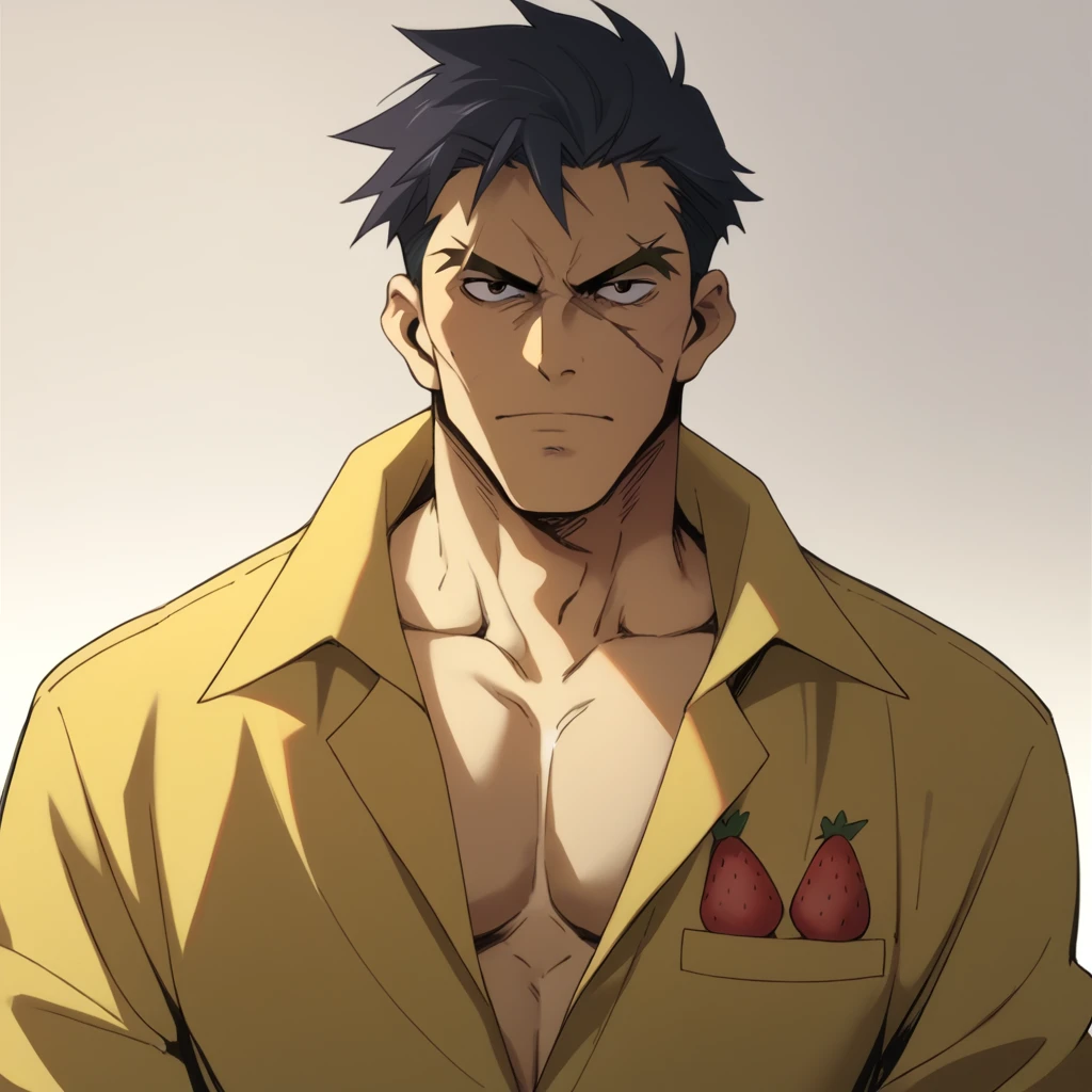 score_9, score_8_up, score_7_up, score_6_up, rating explicit, focus male, source anime, handsome guy, badguy, yellow suit with strawberry print, scar on face, hd, shaded face, outfit with a printed strawberry