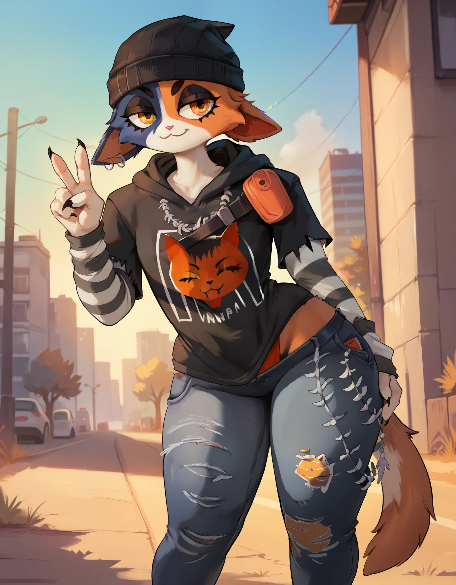 Score_9, score_8_up, score_7_up, score_6_up, 1girl, Meowskullsxl, anthro, tall and slender, cat girl, animal ears, multicolored fur, black fur, orange fur, orange eyes, beanie, printed hoodie, striped sleeves, torn jeans, standing, outdoors, peace sign, 