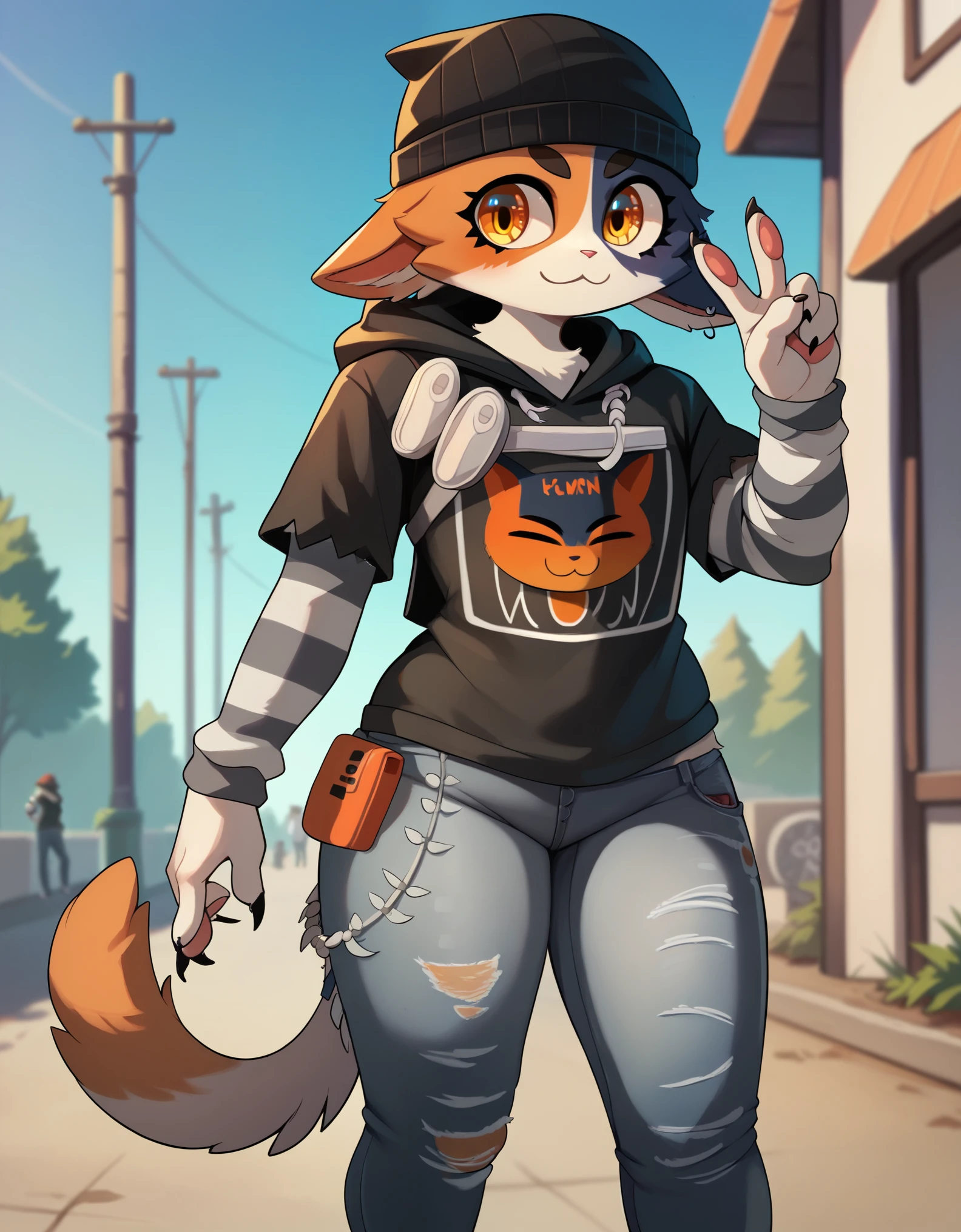 Score_9, score_8_up, score_7_up, score_6_up, Kemono style,1girl, Meowskullsxl, anthro, cat girl, animal ears, multicolored fur, black fur, orange fur, orange eyes
beanie, printed hoodie, striped sleeves, torn jeans, standing, outdoors, peace sign, 