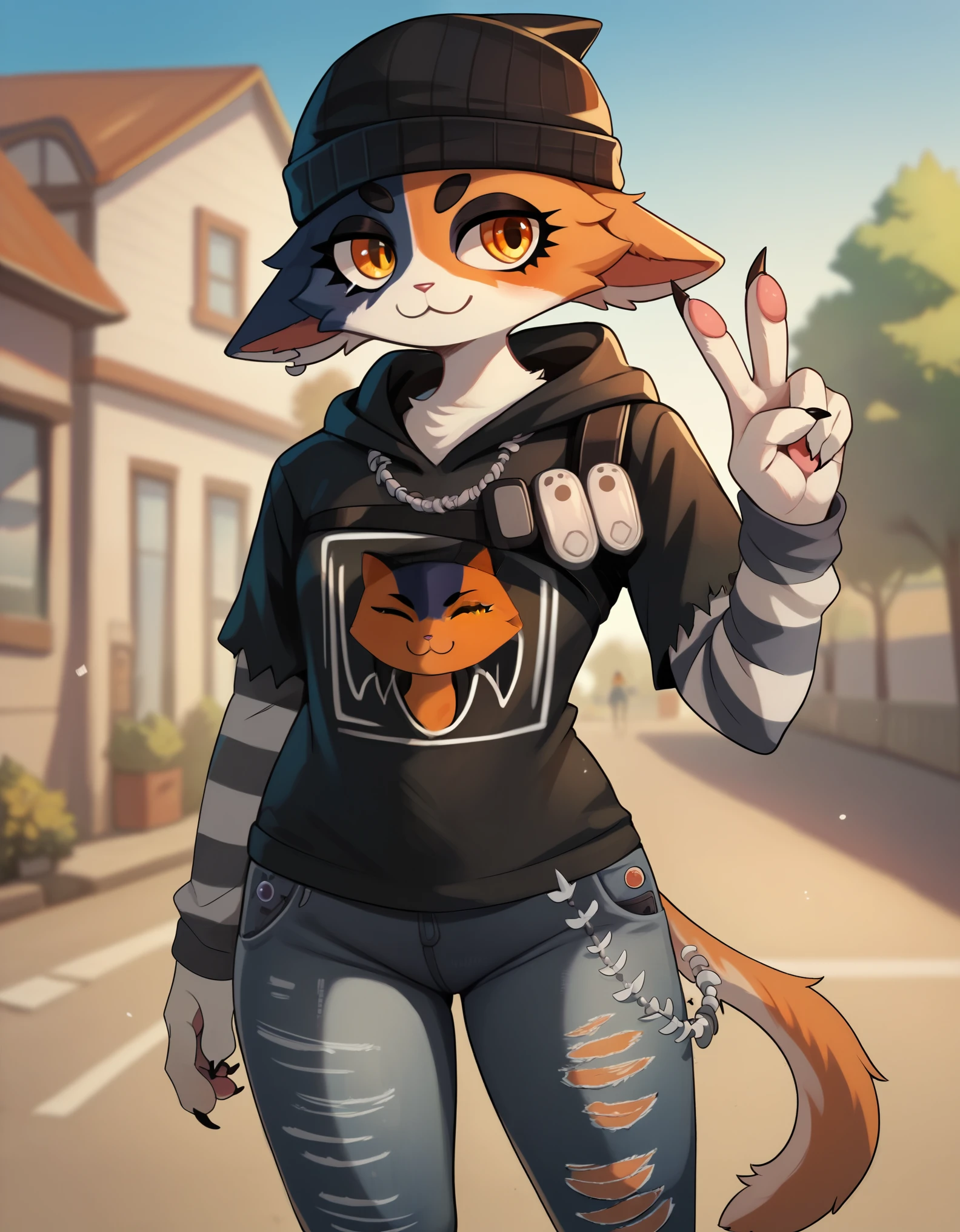 Score_9, score_8_up, score_7_up, score_6_up, Kemono style,1girl, Meowskullsxl, anthro, cat girl, animal ears, multicolored fur, black fur, orange fur, orange eyes
beanie, printed hoodie, striped sleeves, torn jeans, standing, outdoors, peace sign, 