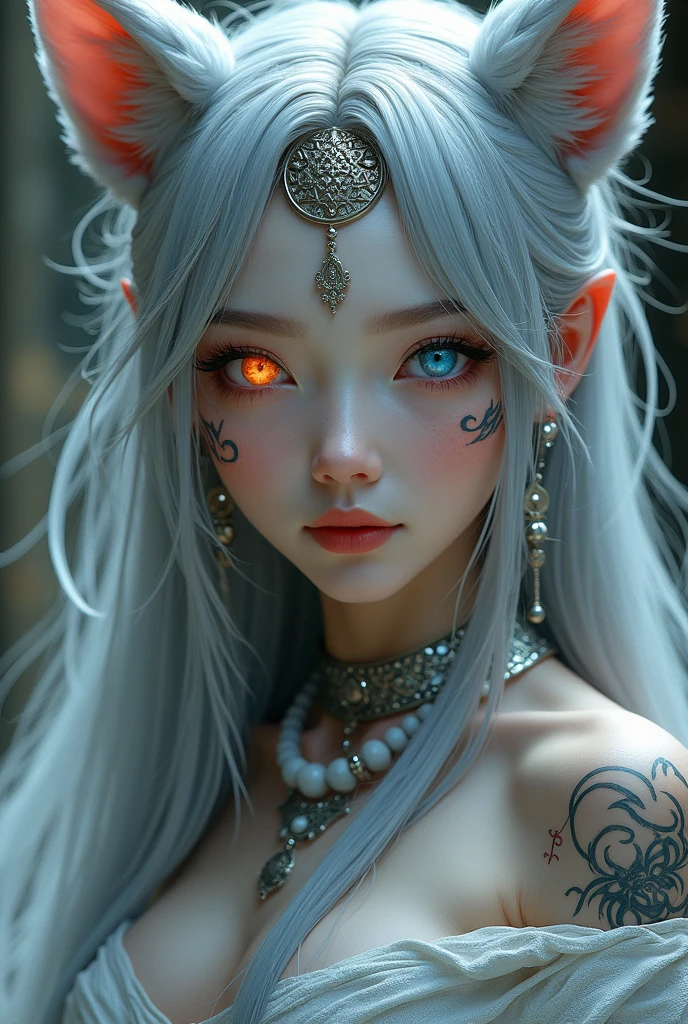 A girl with white hair with red strands with heterochromia. One eye is pink, the other is blue with thick braided hair. He is a duck with fish ears and a large killer whale tail.