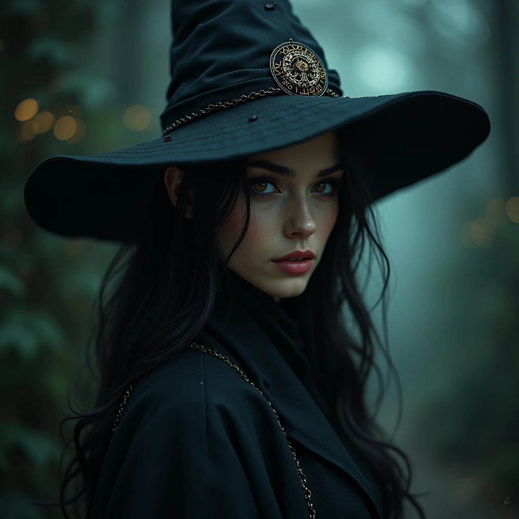 "((top-quality)), ((tmasterpiece)), (detaileds: 1.4),Black wizard,realistic clothes,witch hat,purple clothes witch,witchcraft,beautiful women, medium chest