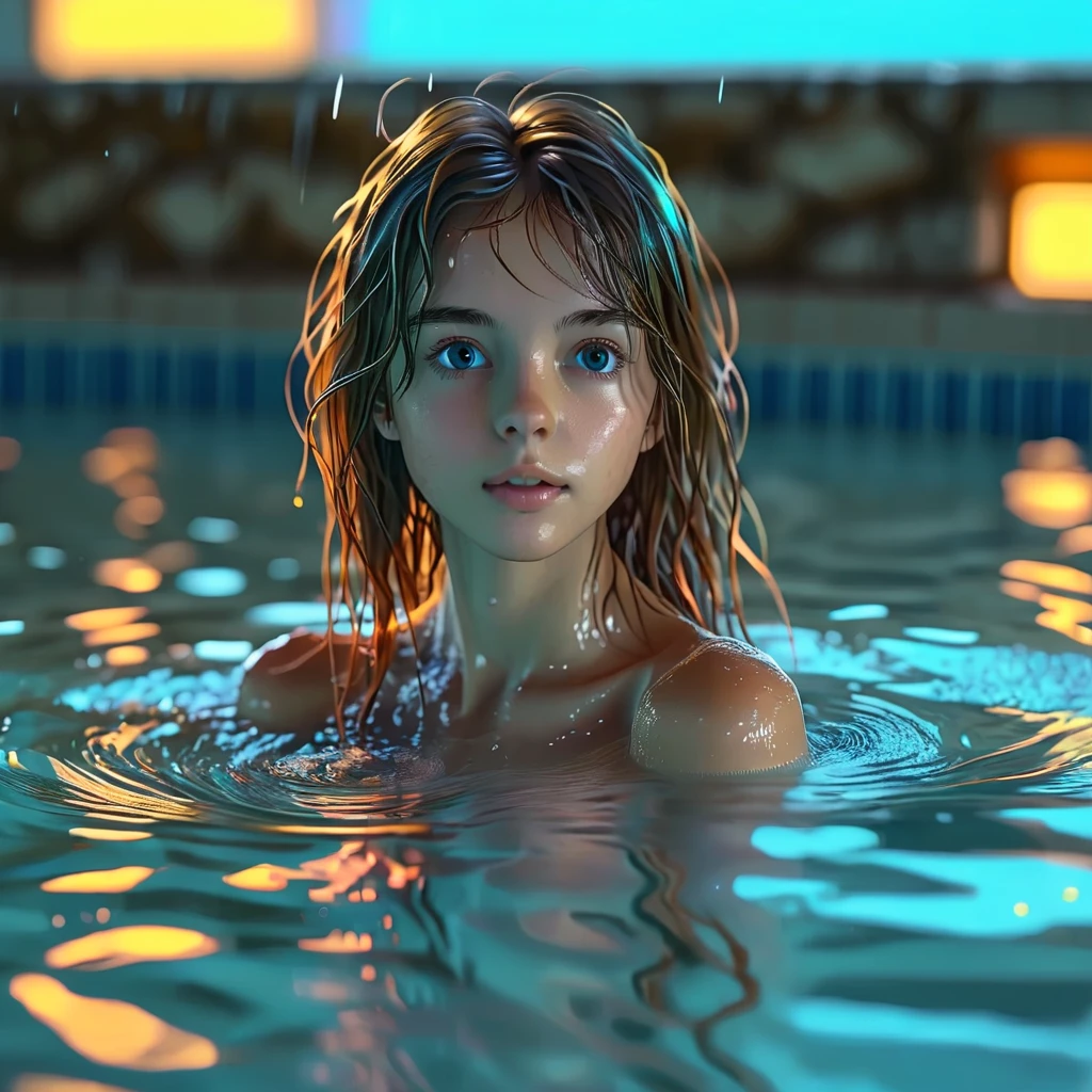 Top Quality, Masterpiece, High Resolution, 8k, (((a full body view of a cute barely legal French girl naked, medium perky breasts, skinny, hairy pussy, beautiful detailed eyes, beautiful detailed lips, small closed mouth, extremely detailed face, fair skin, random long hair style, small hips))), ((swimming in a pool next to a spa)), atmospheric and steamy atmosphere, dramatic and random neon colors, futuristic setting, intricate details, at night, backlit)), random neon color, full body shot, view from distance, swimming pose