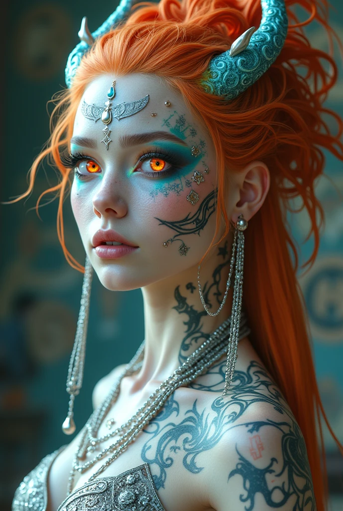 absurdres, foto RAW, mais alta qualidade, (obra-prima: 1.3), foto de cor RAW de alto detalhe, foto profissional, unidade de papel de parede CG 8k extremamente detalhada, foto-realista, realista, foto RAW, obra-prima, melhor qualidade, highres, illustration, 1girl, , baixinha, tiny girl, magra, branca, ruiva, cabelo vermelho, cabelo ruivo com cachos, cabelo ondulado, curly hair, Average length, cabelo preso, pernas finas, rosto lindo perfeito com sardas, cardune lips, belos olhos realistas, olho direito verde, olho esquerdo azul, heterocromia, pale skin, textura de pele detalhada, seios planos, seios muito pequenos, bunda pequena. Rosas vermelhas tatuadas nos ombros, tattoos of pagan symbols on the forearms and hands. Corpo magro, esguio. Ruiva. Sorriso. Saindo do banho. Suada. Fazendo sexo oral. sucking a nipple. Estilo bruxa. Pagan style, Celtic, wiccan. Escocesa. She looks amazing. Tempos medievais. Lendas arturianas. (Body painting in the style of the barbarian tribes of northern Scotland, colar com pingente de pentagrama, design detalhado), campo, fogueira ritual, Stonehenge, noite.