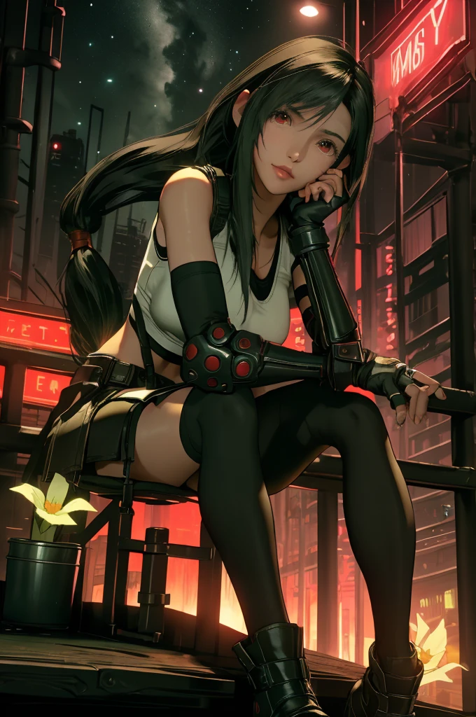 Tifa Lockhart, Final Fantasy VII Remake, Mature Woman,,ankle boots, Black Hair, black skirt, black knee socks, boots, Big Breasts, Cityscape, Crop top, elbow gloves, Elbow pads, fingerless gloves, whole body, gloves, Headrest, lips, Long Hair, View your viewers, low-tied Long Hair, , nose, Red eyes, Panties,Midgar, Green light, night, Yellow Flower, masterpiece,Highest quality,High resolution,((Accurate human body)),The correct five fingers,True to prompts,Cinema Lighting,