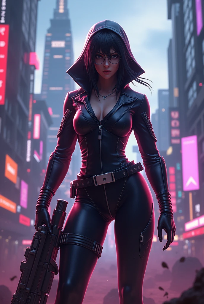 cyberpunk-style city with a nocturnal vibe with Matrix-like aesthetic references, glowing huge clock tower as time machine, green glowing cascading code. At night, (1girl, solo, alone), photorealistic, medium-breast slim:0.6 body, oval:0.5 face, cleavage:1.1, sexy black laced bra, miniskirt, white laced panty, coat, (black micro sunglasses), (holding a short gun), (slightly leaning forward running pose), ((half-body thigh level medium shot)), cinematic lighting, ray tracing, radial zoom blurred background.