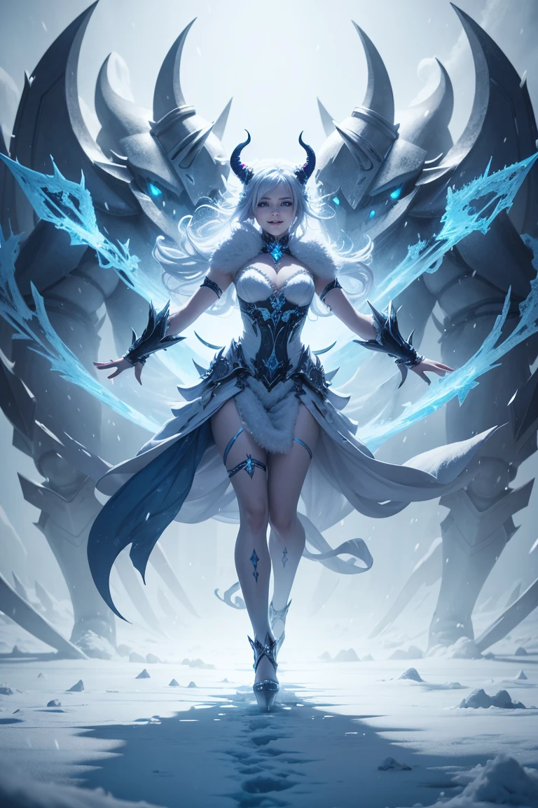 full length view of young smiling female ice demon, wearing heels, with horns, controlling blizzard with her arms and body in dynamic motion, surrounded by blizzard and ice, cold winter themed, hyper detailed, cinematic light, endless melody