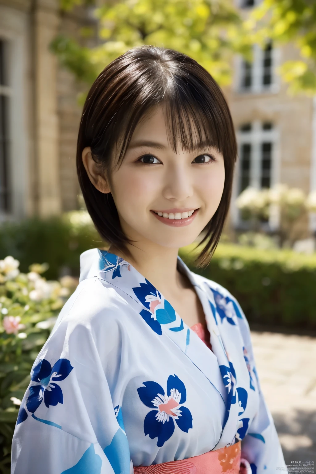 1 girl, (She wears a cute yukata:1.2), Very beautiful Japanese idol portraits,
(RAW Photos, Highest quality), (Realistic, Realistic:1.4), (masterpiece),
Very delicate and beautiful, Very detailed, 2k wallpaper, wonderful, finely, Very detailed CG Unity 8K wallpaper, Very detailed, High resolution, Soft Light,
Beautiful detailed girl, Very detailed目と顔, Beautiful and sophisticated nose, Beautiful and beautiful eyes, Cinema Lighting,
(Fashion magazine photography:1.3), (Outdoor), (Relaxing in the garden of an old French townhouse:1.3), (Colorful flowers),
(short hair),
Complete Anatomy, Slender body, Small breasts, smile