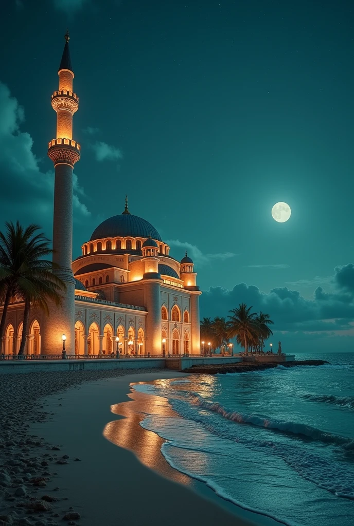 A tiny mosque in the style of Samarkand Uzbek architecture in the middle of an Indonesian coconut forest with a pastel flower garden nearby at night Beachside, Rear view
