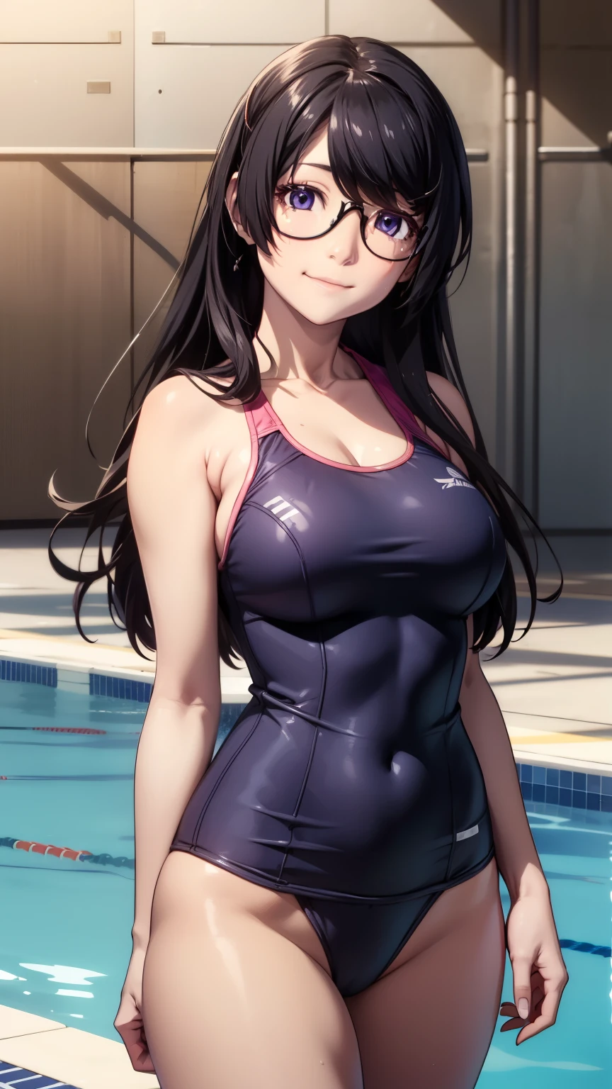 masterpiece、Highest quality、High resolution、detailed、(anime、anime塗り),hanekawa01、One girl、solo、Long Hair、Big Tits、Thighs、Purple Eyes、smile、School swimming pool、School Swimsuit、Shiny skin:1.5,Cowboy Shot、Glasses、Black Hair、非常にLong Hair、