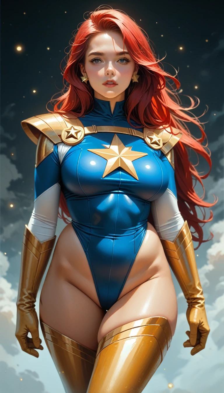 score_9, score_8_up, score_7_up, score_6_up, (((masterpiece))), (((Best Quality: 1.5))), Sexy, Superheroine, Red hair, long hair, busty, plump, curvy, ((blue highleg leotard with a t-back thong and a gold star insignia on chest)), gold boots, gold gloves