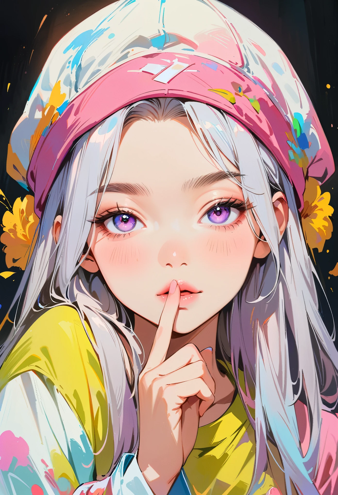 (masterpiece, best quality:1.4), 1 girl, 独奏, Anime style, Purple pupils, Blurred eyes, Victory sign, Wears a white cap, Different color emission, Highlights, Natural light, Works by top portrait painters, black background.