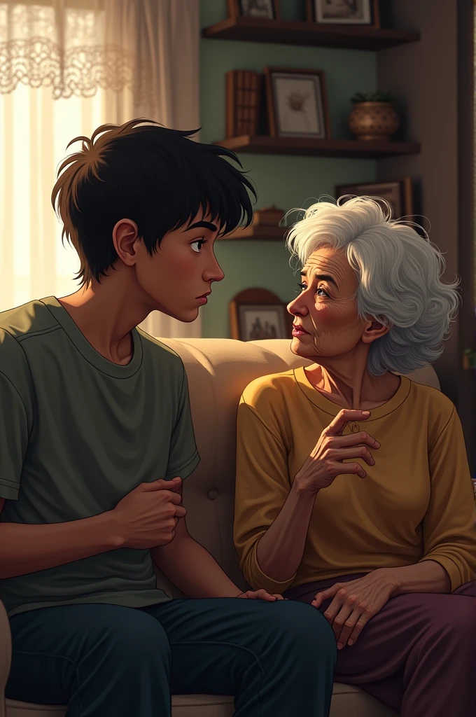 1boy, 1girl, mature female, (mother and son), kid, hug, kiss, hand on head, kneeling, in a room, boy 15-year-old