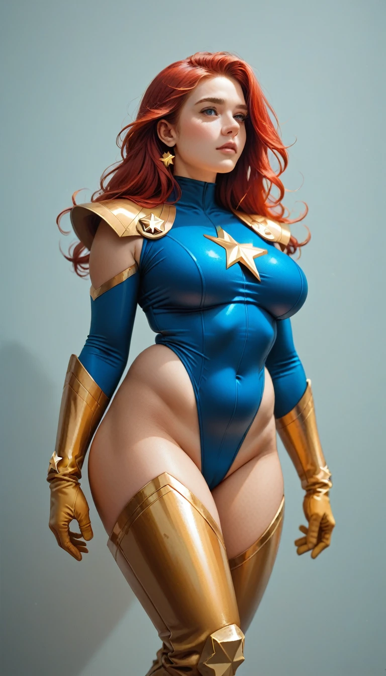 score_9, score_8_up, score_7_up, score_6_up, (((masterpiece))), (((Best Quality: 1.5))), Sexy, Superheroine, Red hair, long hair, busty, plump, curvy, ((blue highleg leotard with a t-back thong and a gold star insignia on chest)), gold boots, gold gloves