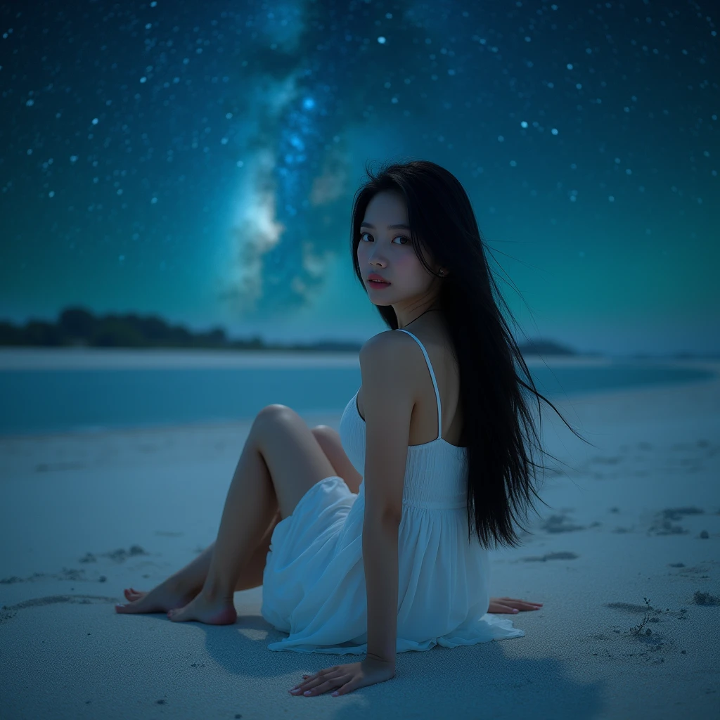 8K,Japanese,10 years old,Innocent face,Teenage Girl,smile,cute,Summer clothes,Casual wear,Sitting,Black Hair,Sandy Beach,coastline,Hair Clip,Night view,Starry Sky

