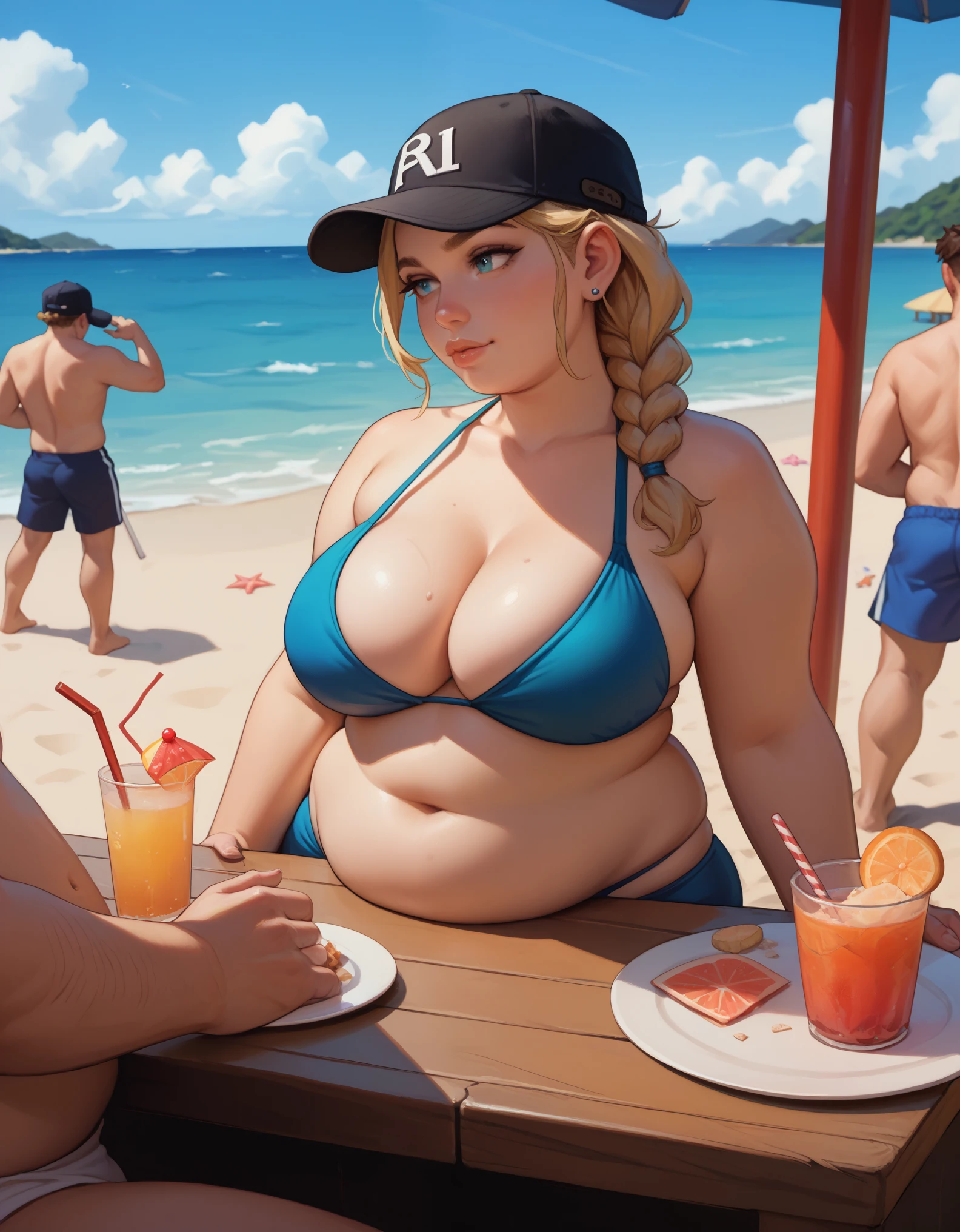 Masterpiece, one woman siting at a table livestreaming, bikini top, has her feelings hurt by a man passing by, chubby, cleavage, skindentation, (flabbergasted), blonde braided hair and a black baseball hat. Beach bar background ((hurt feelings))