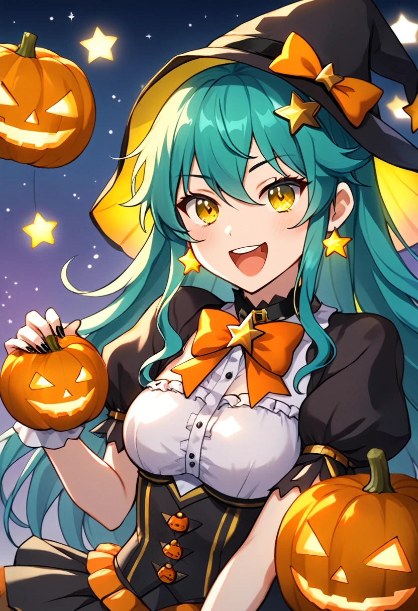 Girl with long dark turquoise hair, yellow eyes, yellow star pin in her head wearing a halloween costume 