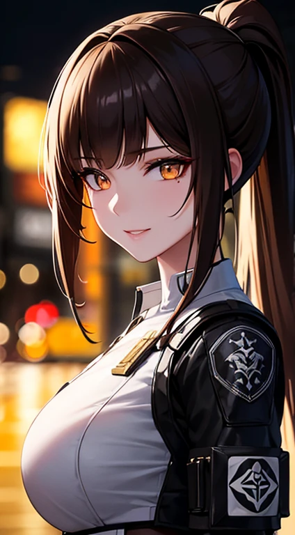 anime women, white and black outfit with a golden  details, brown hair, short brown  hair, high ponytail (golden dragon eyes) standing in a rain soaked, city street at night, photorealistic, cinematic lighting (best quality:1.2),ultradetailed,(photorealistic:1.37), neon lights, vivid colors,bokeh,[realistic],, ABS, mean look, smiling (looking up at the camera), , gaze, 4k, prticles, combat uniform, white clothing, badge, Biopunk, waist holder, , goth, close up, school uniform, long hair, emo, portrait, powerful lighting,