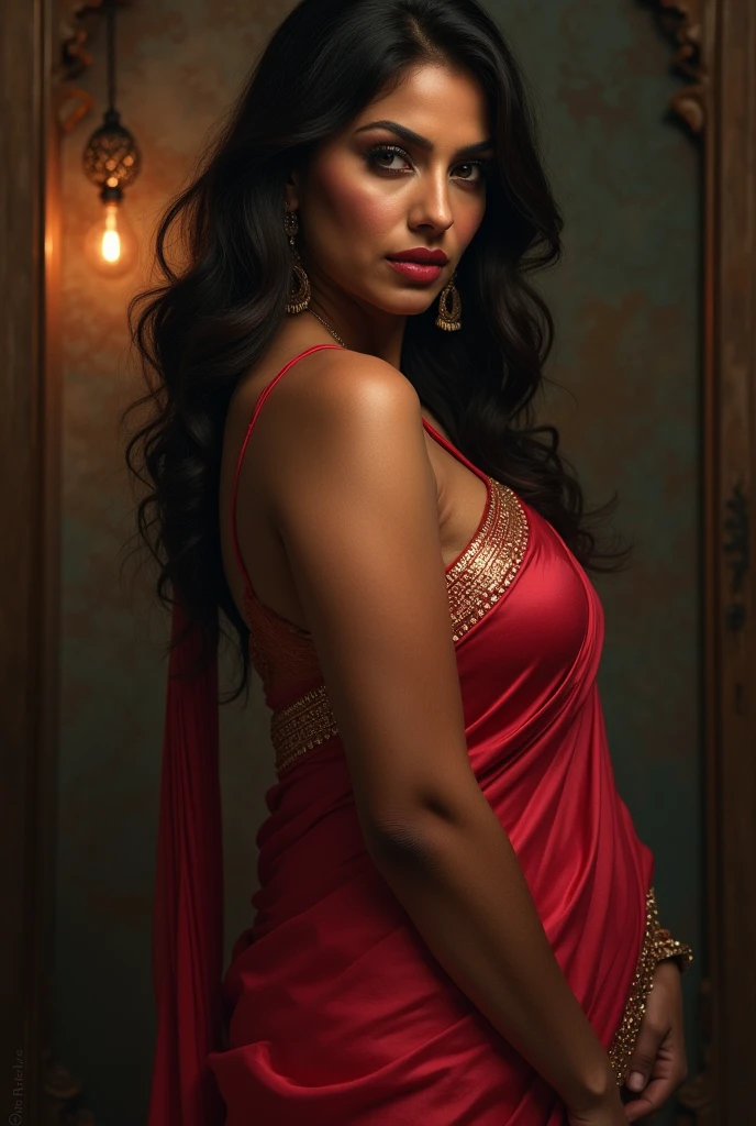 Looks like Mahie Gill, full body Closeup shot, Big chubby aunty, milf, cougar lady witch, horny Gothic milf, 40 years old gorgeous mature lady, pervert demoness, demoness of lust, curvy, black lips, horny face, extremely gorgeous, thick figure, heavy physique, voluptuous, curvy, sexy figure, Fashionable portrait of androgynous alien looking witch wearing veil, glowing eyes, futuristic design, minimal details, givenchy, photoreal, 200mm, hd, f/ 2.0, highly detailed, surreal, sexy beautiful evil woman, sexy bold sequin Saree with strapless Bra, chudail, Pishachini, horror genre, blood-thirsty enchantress, powerful female spirit, eerie, drop dead, in the style of red and blue, (intricate details, hyperdetailed:1.15) (skin texture:1.2), dark Moody tone, cinematic lighting, haunted place in background,