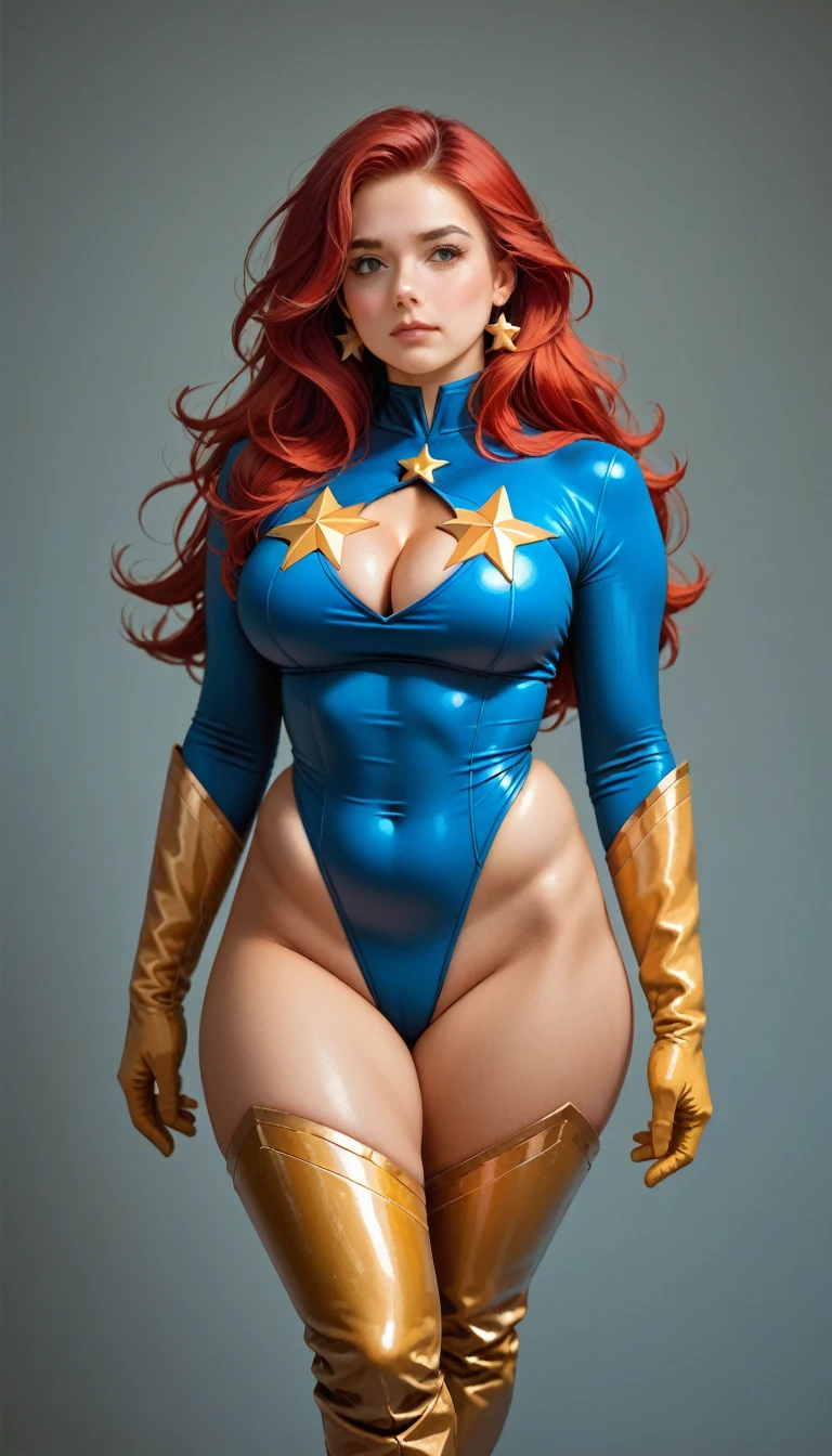 score_9, score_8_up, score_7_up, score_6_up, (((masterpiece))), (((Best Quality: 1.5))), Sexy, Superheroine, Red hair, long hair, busty, plump, curvy, ((blue highleg leotard with a t-back thong and a gold star insignia on chest)), gold boots, gold gloves, ((Cleavage cutout))