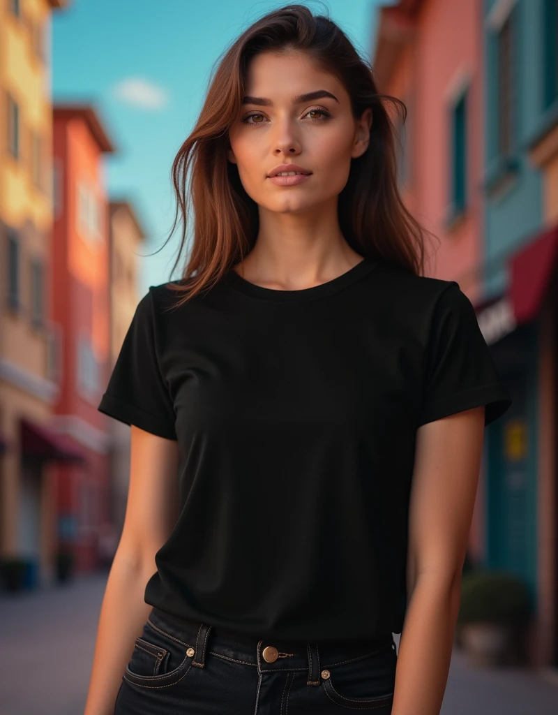 criar uma maquete de camisa, of an ordinary-looking woman wearing a black t-shirt in a city, make it look like a real human fold on the face, Sem filtros, completely natural looking human skin