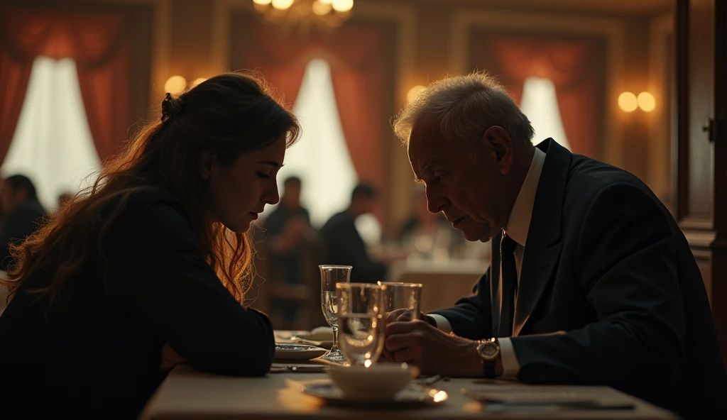 (masterpiece), best quality, back view, side of face, (((old man in blue business suit holds nude naked young teen girl))), girl has a smile and short chignon hair and medium breast and nipple and ass and earring and bowtie and white gloves and black stockings and bowtie and white gloves and black stockings, restaurant setting, dining table, people in background,