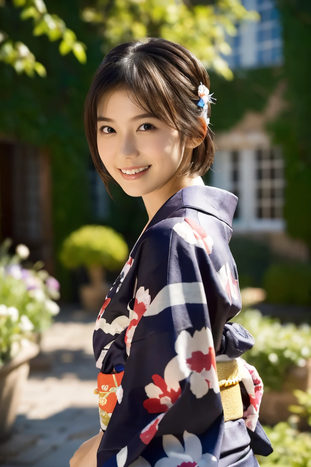 1 girl, (She wears a cute yukata:1.2), Very beautiful Japanese idol portraits, 
(RAW Photos, Highest quality), (Realistic, Realistic:1.4), (masterpiece), 
Very delicate and beautiful, Very detailed, 2k wallpaper, wonderful, finely, Very detailed CG Unity 8K wallpaper, Very detailed, High resolution, Soft Light, 
Beautiful detailed girl, Very detailed目と顔, Beautiful and sophisticated nose, Beautiful and beautiful eyes, Cinema Lighting, 
(Fashion magazine photography:1.3), (Outdoor), (Relaxing in the garden of an old French townhouse:1.3), (Colorful flowers), 
(short hair), 
Complete Anatomy, Slender body, Small breasts, smile, Sexy pose