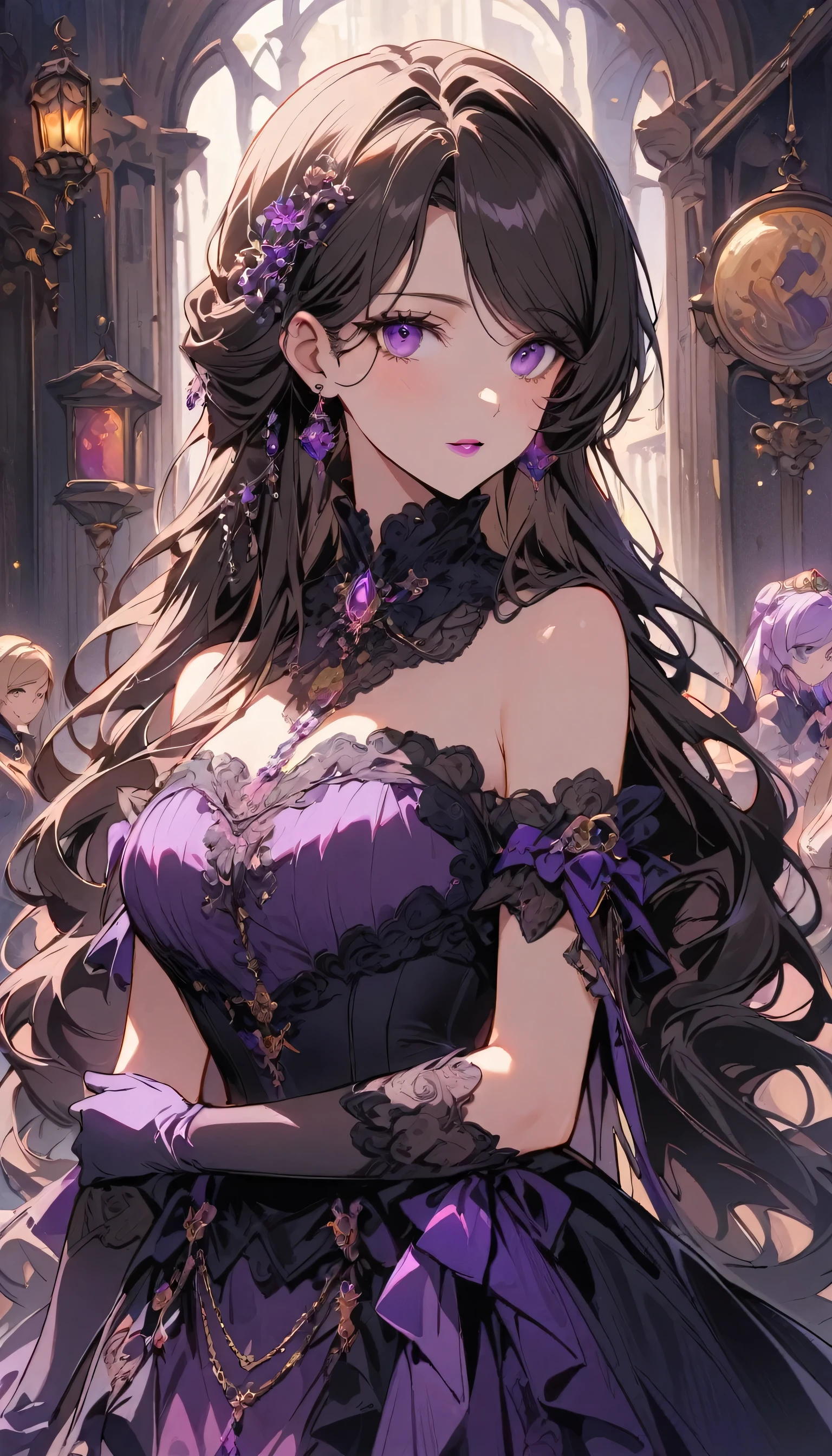 anime, beautiful face, highly detailed face, (2 accurate legs:1), purple detailed eyes, star shaped pupils, highly detailed background, perfect stage lighting, best lighting, hair ornament, 1girl, solo, ai hoshino, oshi no ko, indoors, idol concert, performing at a concert, concert arena background, arena full of people, (beautiful purple hair:1.2), absurdres, high res, ultrasharp, 8K, masterpiece, looking at viewer, excited smile, BREAK (detailed sexy body stockings:1.2), (intricate all lace:1.4), (beautiful black heels:1.2), (transparency:1.6), dancing pose