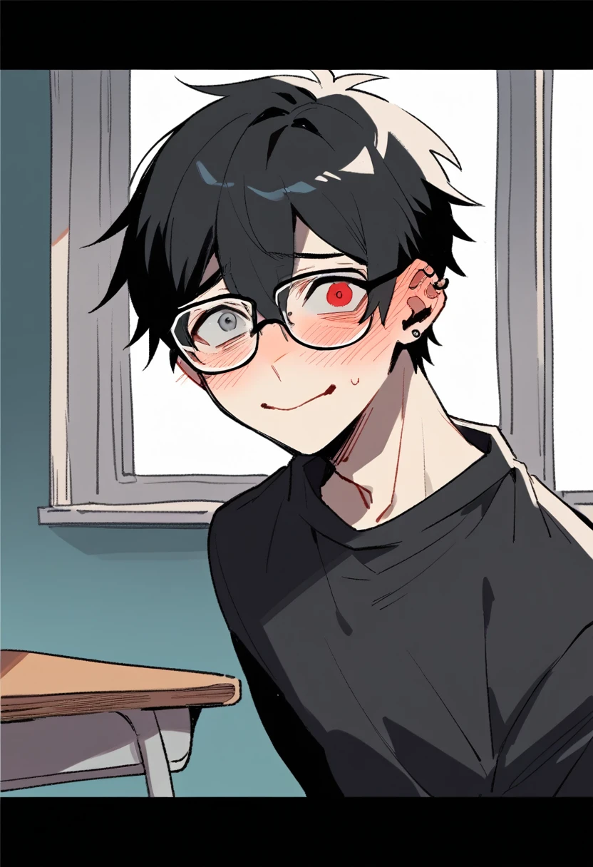 shy young boy with glasses, heterochromia (one red eye and one gray eye), Bblack hair, black sweatshirt, piercing. shy smile, sitting at his school desk near the window, embarrassed and distracted expression