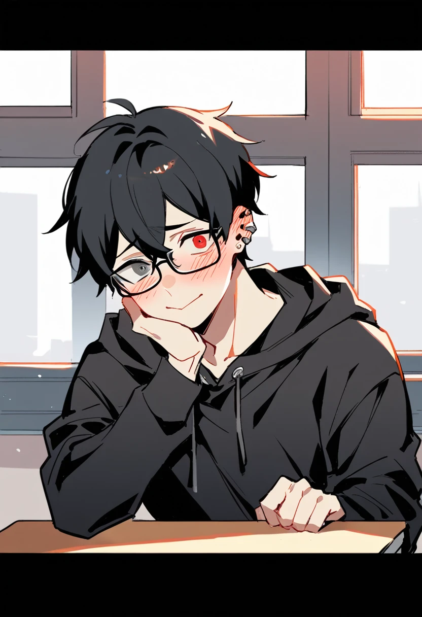 shy young boy with glasses, heterochromia (one red eye and one gray eye), Bblack hair, black sweatshirt, piercing. shy smile, sitting at his school desk near the window, embarrassed and distracted expression