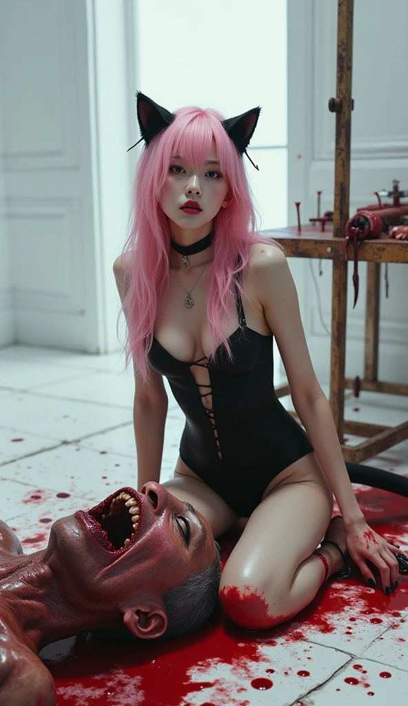 (photorealistic:1.4), ultra realistic, pores, (masterpiece),high quality, ultra details, beautiful white smiling face pretty korean idol with ultra long sharp pointed shiny black fingernails sitting on the chair, long pink hair, yellow eyes, wearing sexy catwoman suit with sharp claws, pretty long legs, black spike high heels, holding realistic handsome man head with short hair and throat ripped, deep cuts, wound, blood splatter everywhere, modern hotel room, big window, high building, new york, beautiful lights, torture devices on the table, extreme gores,