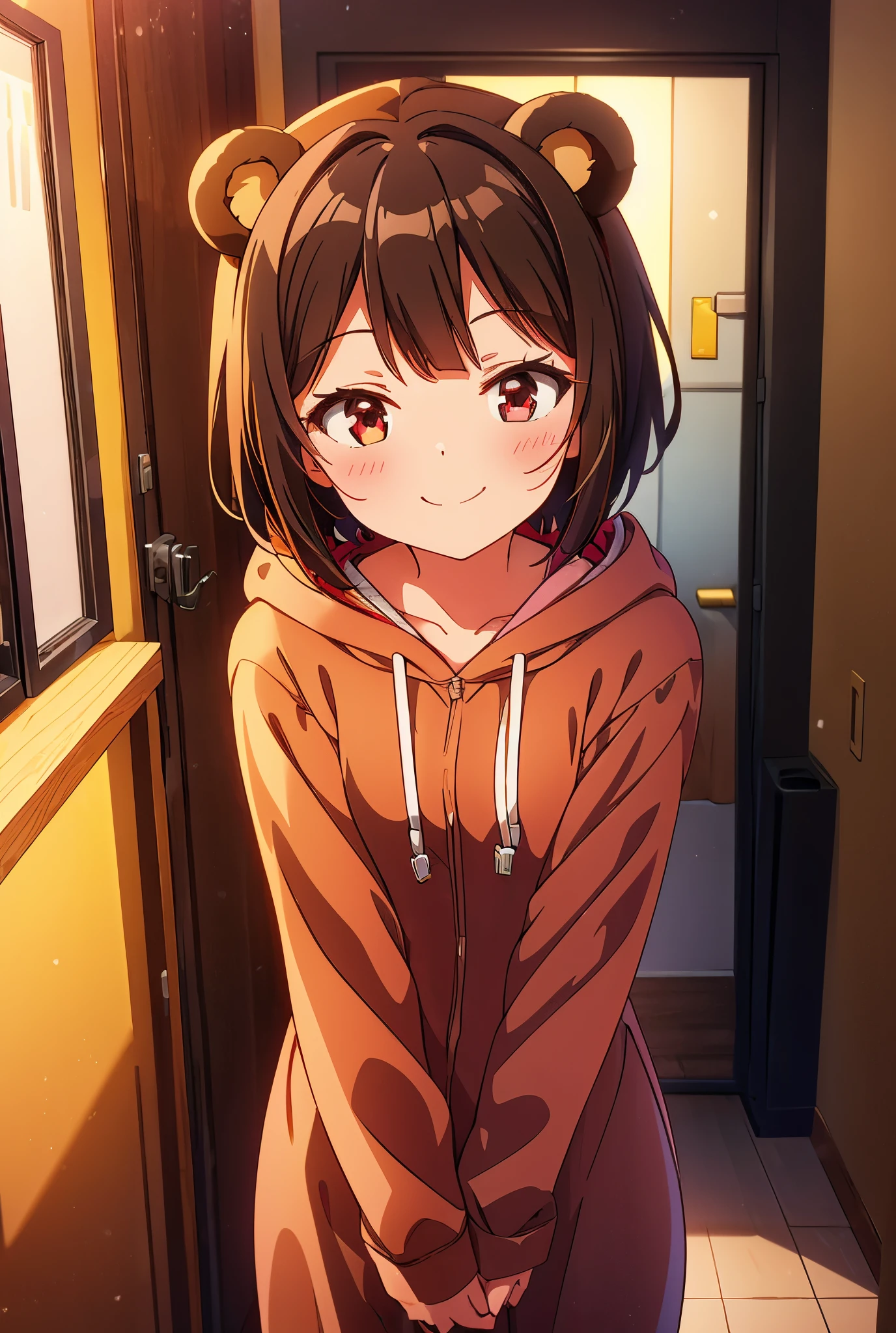 1 girl, High resolution, short hair, Brown hair, hood, blush, smile, ray tracing, in brown pajamas with black in room Multicolored eyes, bear ears,