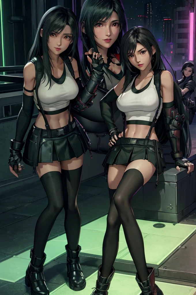 Tifa Lockhart, Final Fantasy VII,,Ankle boots, Black Hair, black skirt, black knee socks, Big Breasts, Cityscape, Crop top, Elbow Gloves, Elbow pads, fingerless gloves, whole body, Headrest, Small face,8 heads,lips,View your viewers, low-tied long hair, Panties,Midgar, Green light, night, masterpiece,Highest quality,High resolution,((Accurate human body)),The correct five fingers,True to prompts,Cinema Lighting,(((Notice:Two Legs)))