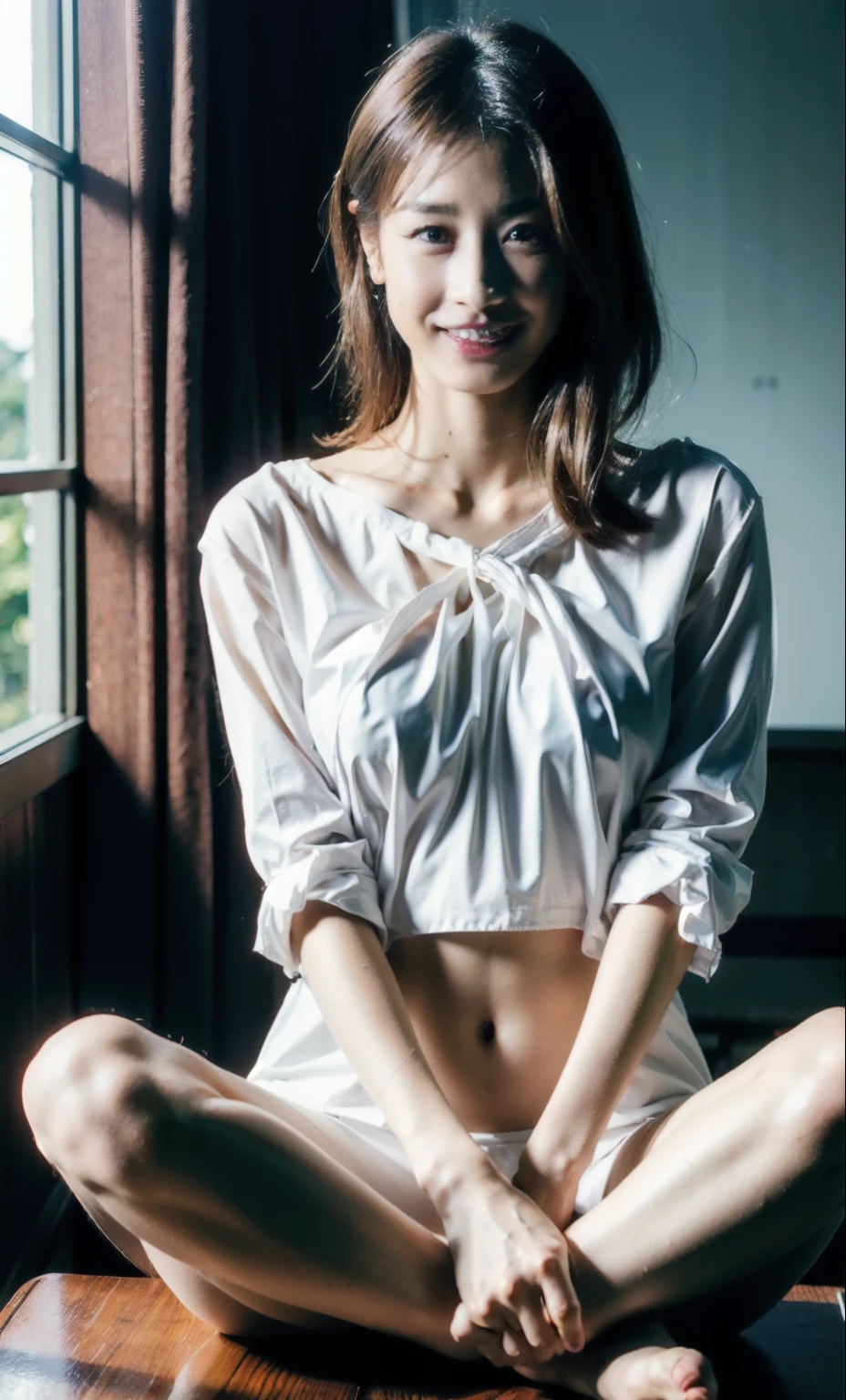 highest quality、Best image quality、masterpiece、Full-body photo、18-year-old female, Full nude body high school girl、Dark brown hair、Wavy Hair、Mid-Long Hair、Bans、Puffy nippleedium Milk, Cute Smile、(((Sit on the stairs、Spread your legs、Open your knees)))、(Emphasize the chest)、Sexy Hips、School stairs、Picture below、White sheer lace thong panties、Full-body photo