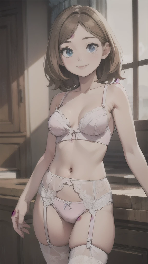 a beautiful girl with detailed face,long eyelashes,pastel pink lingerie with white details,black microskirt,thigh high stockings,garter belt,looking at camera with smile,(best quality,4k,8k,highres,masterpiece:1.2),ultra-detailed,(realistic,photorealistic,photo-realistic:1.37),hyperrealistic,intricate details,studio lighting,ethereal,elegant,glamorous,small breast,portrait,high fashion, full body Photo