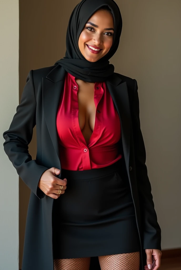 AISHWARYA RAI, (((wearing hijab))), curly hair,  (big cleavage, wide hips, navel), smooth skin, eyes browns, sorrido, vegetation, Occasional, Businesswoman style clothes, light brown blazer, realisitic, with background in a fancy restaurant, 8k super realisitic, super detalhado e realisitic, red lips, big ,