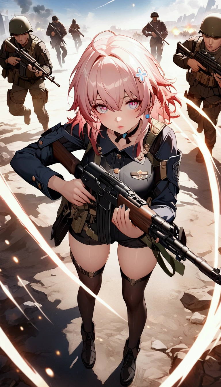 (Masterpiece. The best quality. 8K. Sharp focus. Depth of field. The best shadows. Perfect lighting. HDR. Realistic skin texture. Ultra-detailed background. Detailing). Anime style. Honkai: Star Rail. March 7. Call of duty: Ghost. 1 Girl. Perfect face. Short hair. Fiery red hair. Beautiful eyes. Beautiful eyes. Expressive eyes. Azure blue eyes. Two-tone eyes. Pale pink eyes. Eyes with vertical pupils. Beautiful nose. Thin lips. Pale pink lips. Perfect anatomical body. Slender figure. Second size breasts. Thin waist. Rounded hips. Graceful eyes, beautiful hands. Delicate fingers, long fingers. Beautiful legs, slender legs, long legs. American special forces military uniform. Soldier's helmet on his head. Body armor.  Magazine pouches. AKM in hands. Aiming with AKM. Battlefield. Walking across the battlefield, aiming with AKM. Full height. Full body.