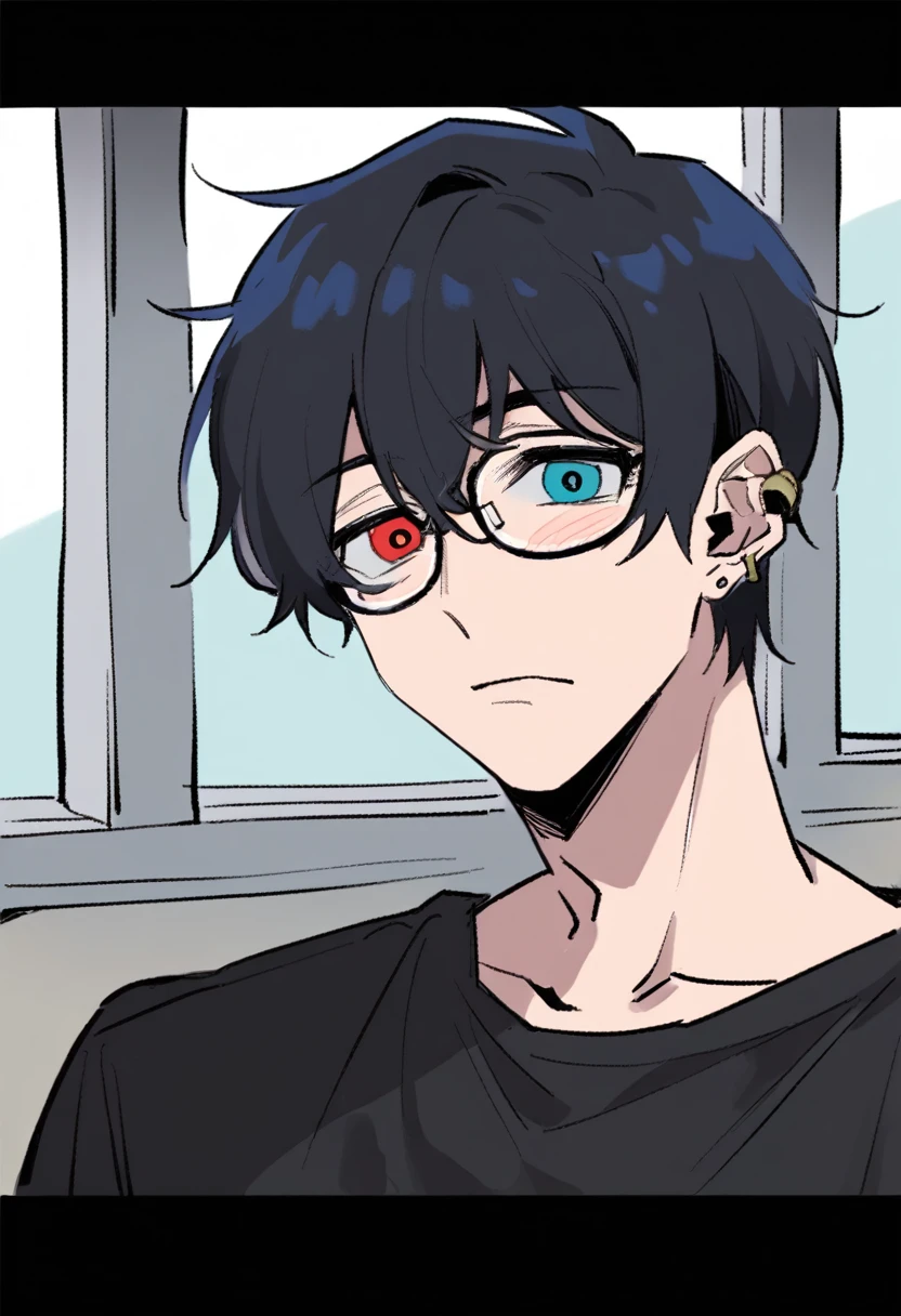 Homem jovem e shy, glasses, heterochromia (one red eye and one blue eye), messy black hair, black sweatshirt, Ear Body Piercing. shy, sitting at his school desk near the window. looking at window, distracted, serious expression