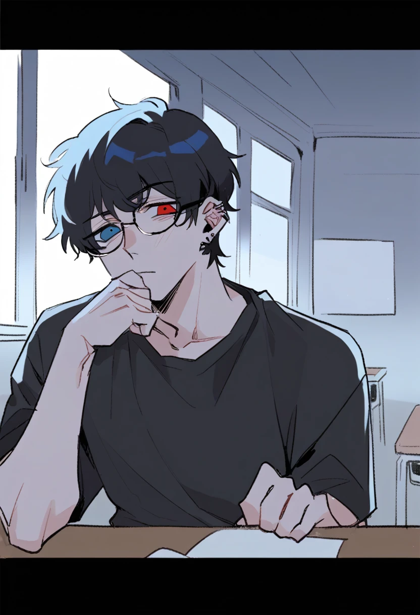 Homem jovem e shy, glasses, heterochromia (one red eye and one blue eye), messy black hair, black sweatshirt, Ear Body Piercing. shy, sitting at his school desk near the window. looking at window, distracted, serious expression