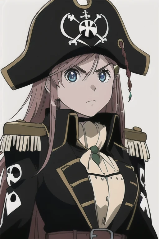 masterpiece, best quality, 1girl, detailed face and eyes, big breasts, cleavage, Katou Marika, (black pirate costume), long coat, belt, (black pirate hat), looking at the viewer, facing the viewer, angry facial expression,  (simple white background)