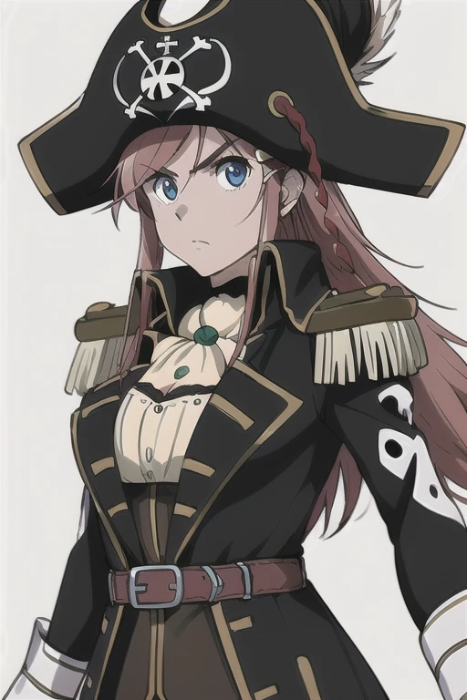 masterpiece, best quality, 1girl, detailed face and eyes, big breasts, cleavage, Katou Marika, (black pirate costume), long coat, belt, (black pirate hat), looking at the viewer, facing the viewer, angry facial expression,  (simple white background)